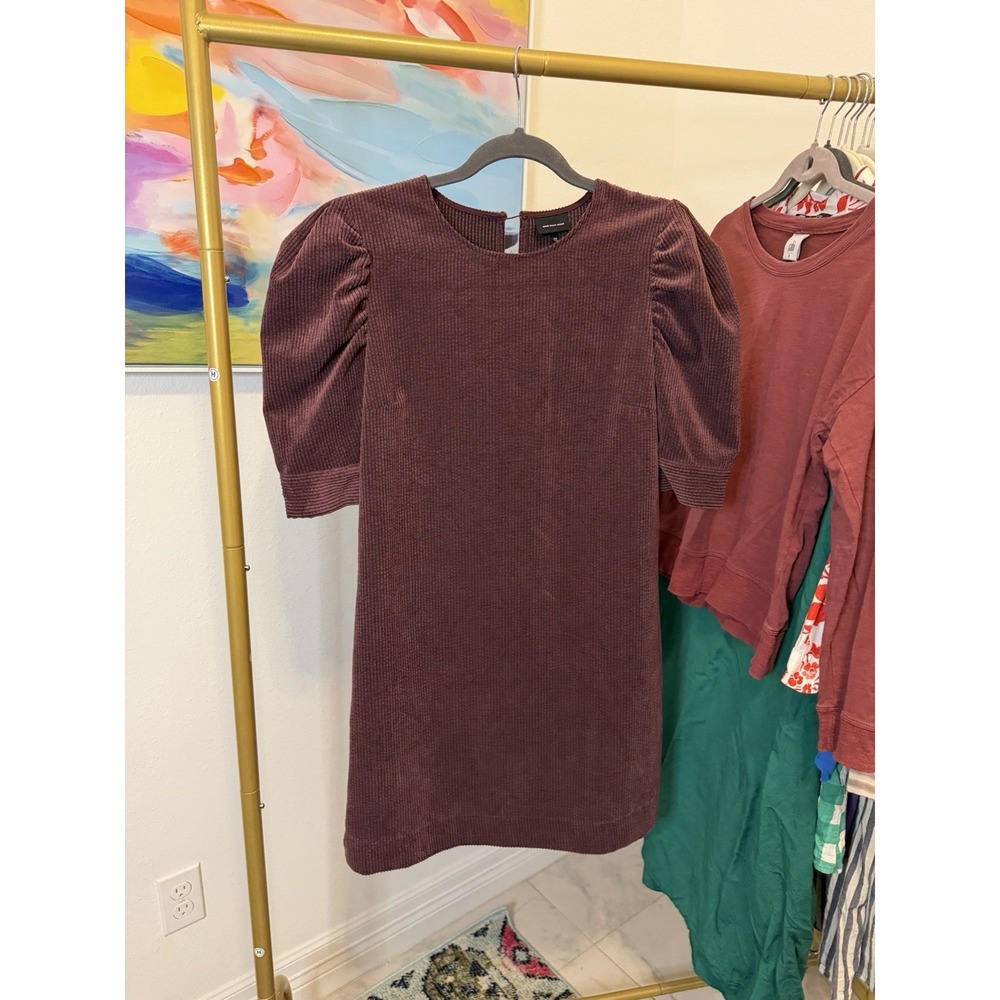 Who‎ What Wear Mauve Plum Ribbed Corduroy Knit Dress Puff Sleeve Mini Med